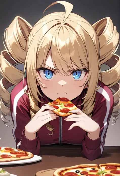 woman,, View your viewers, Long Hair, Ahoge, blonde, Drill Hair, blue eyes, Slanted Eyes, Serious face, Maroon zippered sportswear, Eat pizza on the table, noble&#39;Inside the room、, Upper Body、A room full of Japanese anime posters, Speedy Shot, Masterpie...