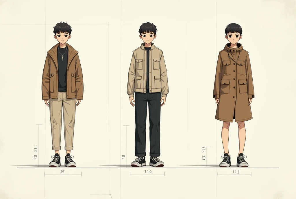 On a paper. A scheme. Present a character three times with different clothes.