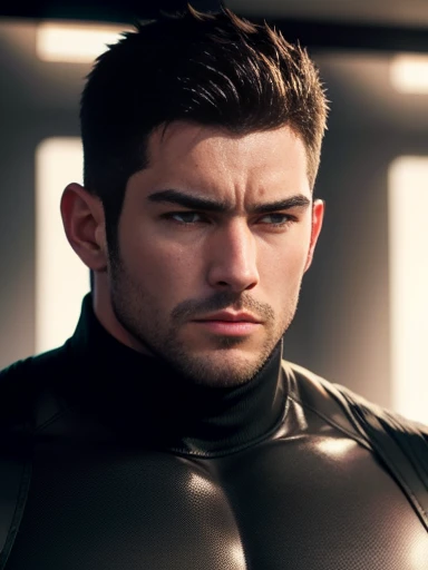 Muscular male security guard with open mouth，Chris Redfield，Wear a long-sleeved turtleneck sweater，expression sad，He frowned aggrievedly。。。。。。。。。。gem-like eyes，Tall, Burly and strong，Thick thighs，He was in the living room of a luxury villa，Luxurious warmth...