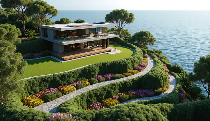 Design a modern seaside villa landscape that combines style with natural elements.
From the aerial view, you can clearly see the modern-style two-story villa, which adopts an open design and has large floor-to-ceiling windows, providing unobstructed sea vi...