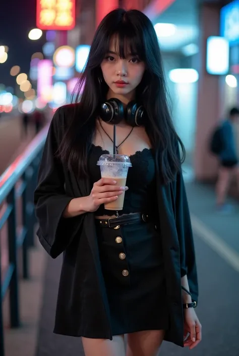 fullbody shot of A Japanese young man, 2, feminine features, long hair, black hair, delicate hands, Japanese, wearing nightclub dress, with a cool and elegant fashion style, headphones around neck, holding a soft drink in a plastic cup, tourist spot, handr...