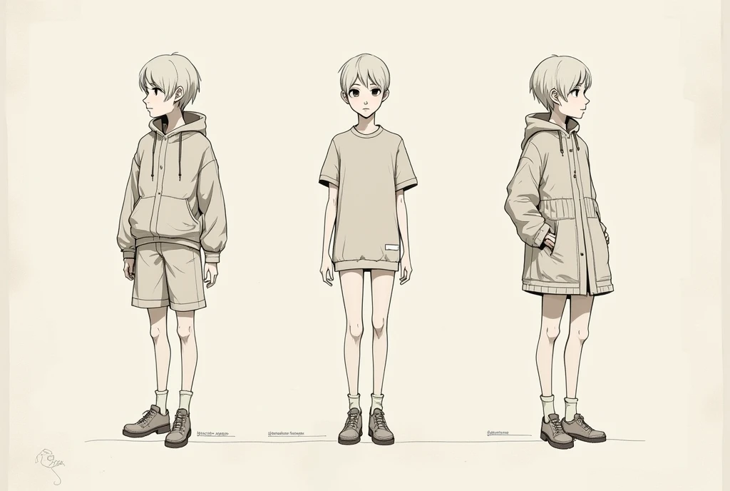 On a paper. A scheme. Present a character three times with different clothes.