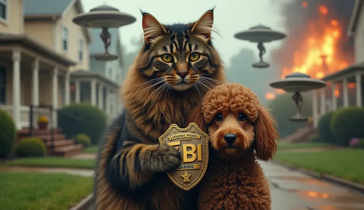 ultra realistic 4k, professional photo, Maine Coon tabby dark brown long hair cat holding an FBI badge with his paw in front of camera so we see letters FBI , the cat seems to be protecting a brown puddle dog curly furr, from aliens with big eyes and grey ...