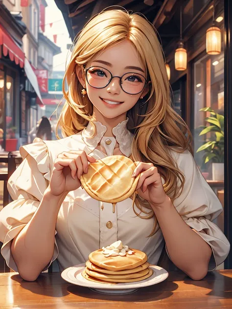 Best Quality、masterpiece、High sensitivity、High resolution、Detailed Description、Delicate facial depiction、Slender women、Glasses、Smiling face、Cream in the mouth、Eat a crepe、