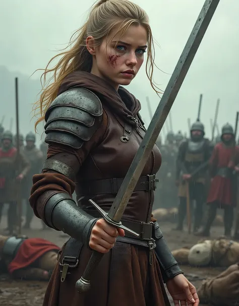 blond young russian girl  (Pimenova) , in medieval historically accurate leather armor holding a sword in both hands with the blade facing up , a sexy blonde warrior, fantasy character photo, barbarian warrior woman, portrait of a barbarian female, warrior...