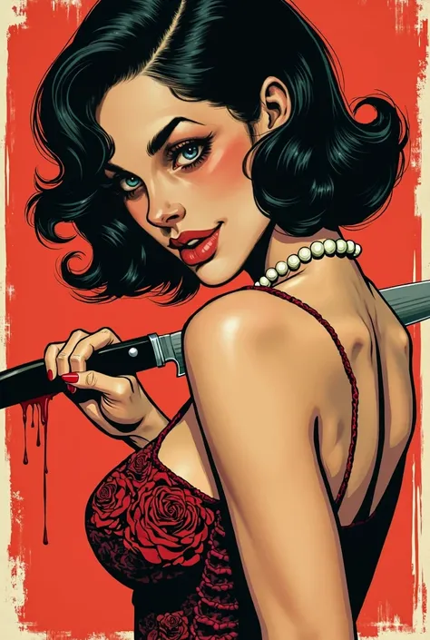 80s pop art, american propaganda comics style, Simple colors, close-up of a woman, lady killer 80s medium hair, black hair, green eyes, pearl necklace heavy make-up, red lipstick, provocative, angry face show at the viwer a bloody knife, wearing victorian ...