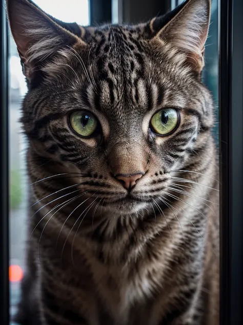 a big grey cat, close-up portrait, traveling by bus with kittens, detailed fur, detailed eyes, detailed expression, high quality, photo-realistic, 8k, hyperdetailed, cinematic lighting, dramatic lighting, moody lighting, vibrant colors, dynamic composition...