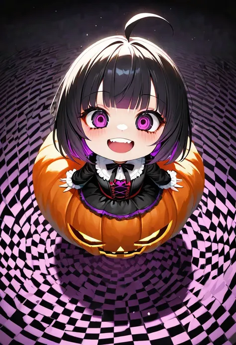 there is a speech bubble above his head saying "Trick or Treat", BREAK from above, looking up, kawaii chibi, yandere, crazy smile, scary smile, evil smile, teasing smile, grin, lewd smile, malicious smile, creepy smile, big droopy eyes, huge mouth, make-up...