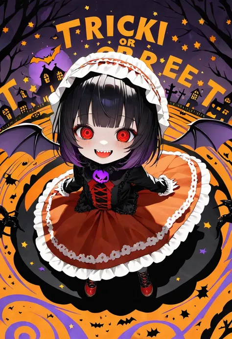 there is a speech bubble above his head saying "Trick or Treat", BREAK from above, looking up, kawaii chibi, yandere, crazy smile, scary smile, evil smile, teasing smile, grin, lewd smile, malicious smile, creepy smile, big droopy eyes, huge mouth, make-up...