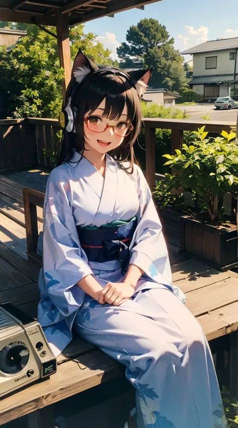 3D. Chibi char. black hair. cat ears. A cute girl. Situated on the veranda of an old house in Japan. Listening to the radio. Headphones. Tuning the radio. Stargazing. A smile with an open mouth. Yellow green yukata. Glasses. Beautiful foliage. Silver maple...