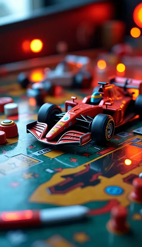 live-action、Real、Close-up of a pinball machine、F1 themed pinball machine、
