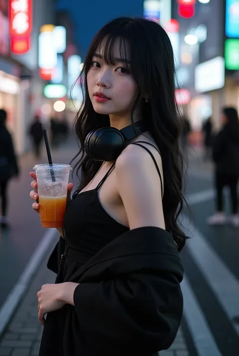 fullbody shot of A Japanese young man, 2, feminine features, long hair, black hair, pale skin, delicate hands, Japanese, wearing nightclub dress, with a cool and elegant fashion style, headphones around neck, holding a soft drink in a plastic cup, tourist ...