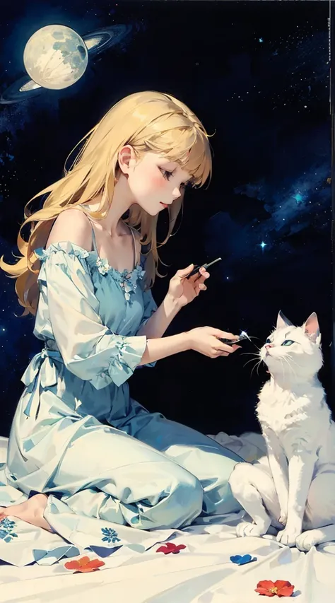 Woman in floral dress。Next to、White cat sitting。, starrystarscloudcolorful, crystal