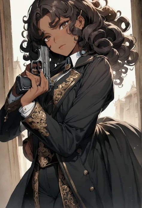 1 , curly hair, dark skin color, wearing a black overcoat and carrying a gun.