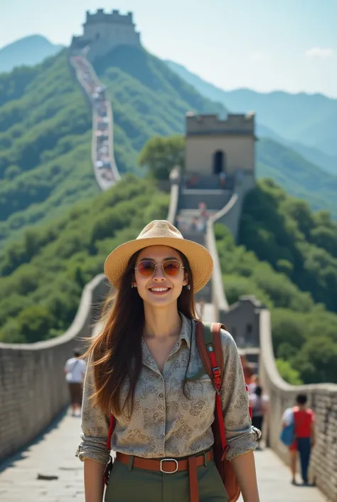 a woman stands, her long brown hair cascades over her shoulders. She is wearingtravel clothes, backpacks, fishermans hat, colored sunglasses and headsets.The backdrop is a deep green, The Great Wall of China. Many tourists are around her. It can be seen fr...