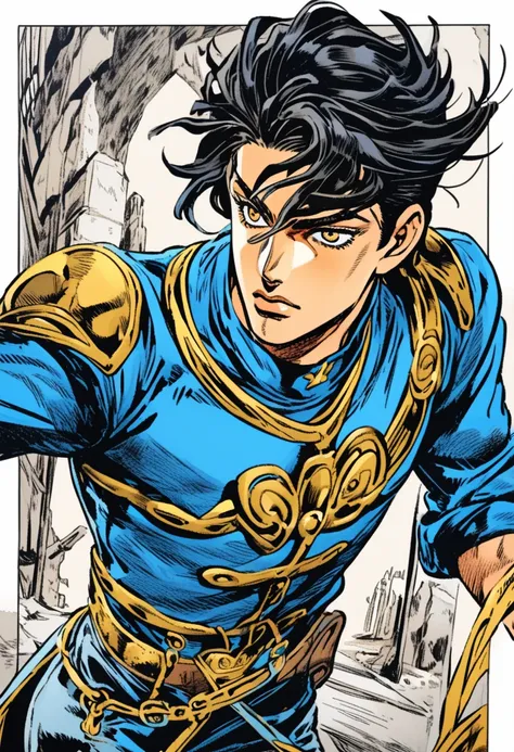 Steel ball run art style, 1 man, blueish black hair, golden eyes, blue t-shirt, cowboy style clothes