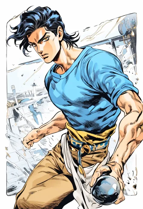 Steel ball run art style, 1 man, blueish black hair, golden eyes, blue t-shirt, cowboy style clothes