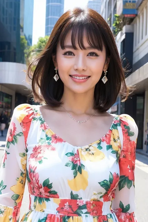 Best Quality, Ultra-high resolution, (Realistic: 1.4), Boring bangs, Bright smile, Floral Dress,Street Background,necklace,Earrings,Cowboy Shot