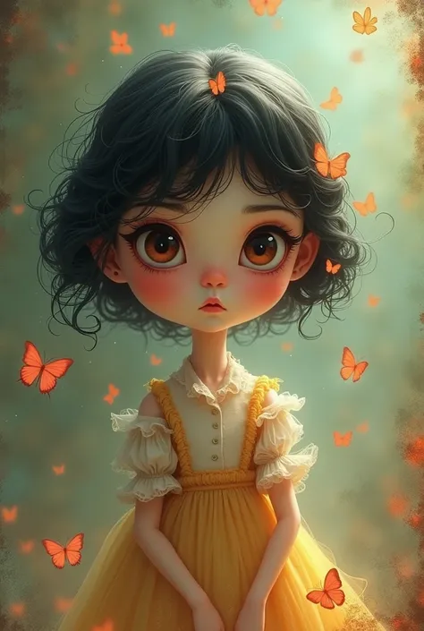 A vintage girl,(estilo de Oskar Kokoschka:1.2),(Arte expressionista abstrata:1.2)3D girl cartoon, Tim burton style light art, calm, calming character, full body, drone shot,attractive face, color art background