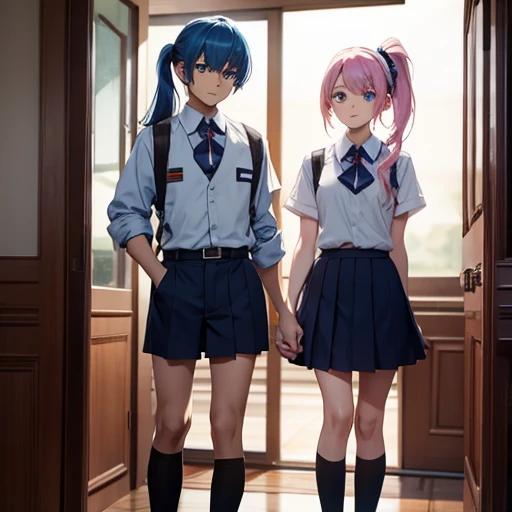 Twin brother and sister wearing boys school uniform that is brother is wearing shorts pant and shirt  and girls school uniform that is sister is wearing skirts and shirt brother has blue hair ponytail and blue eyes, sister has pink hair ponytail and pink e...