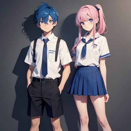 Twin brother and sister wearing boys school uniform that is brother is wearing shorts pant and shirt  and girls school uniform that is sister is wearing skirts and shirt brother has blue hair ponytail and blue eyes, sister has pink hair ponytail and pink e...