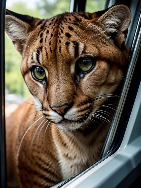 A cougar, close-up portrait, traveling by bus with cubs, detailed fur, detailed eyes, detailed expression, high quality, photo-realistic, 8k, hyperdetailed, cinematic lighting, dramatic lighting, moody lighting, vibrant colors, dynamic composition, action ...