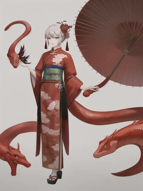 a red snake，red snake，hongyi，oval face，phoenix eyes，wearing hair，umbrella，ancient chinese clothing，red robe