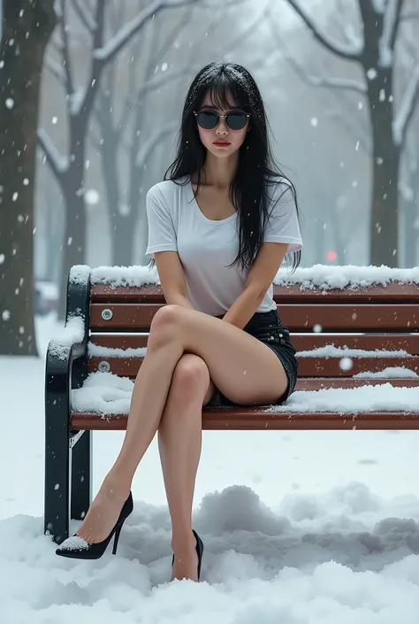 Tall and long-legged, wearing black sunglasses、Black-haired Japanese woman wearing a T-shirt、Shorts、Wearing high heels and exposing bare legs。Sitting on a bench in a park with arms folded in a blizzard。