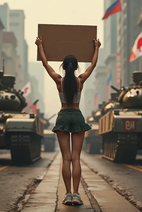 A single high school girl stops a convoy of tanks marching down the main street, standing in front of the tanks, holding a panel in her hand that says “Stop Oppression”, her back showing strong will, seen from behind,  ((masterpiece, highest quality, Highe...