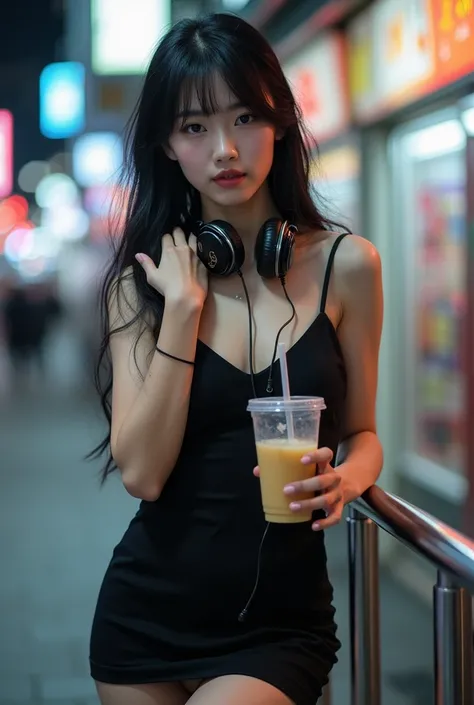 fullbody shot of A Japanese young man, feminine features, long hair, black hair, pale skin, delicate hands, flatchested, Japanese, wearing nightclub dress, microdress, with a cool and elegant fashion style, headphones around neck, holding a soft drink in a...