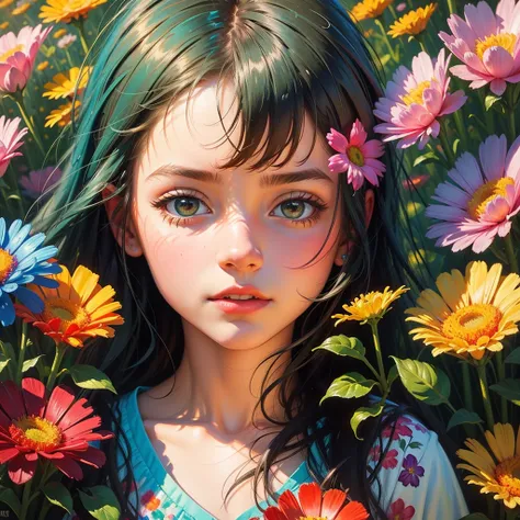 girl in flowers, colorful, oil painting, insane colors, oil colors, high quality, high detail