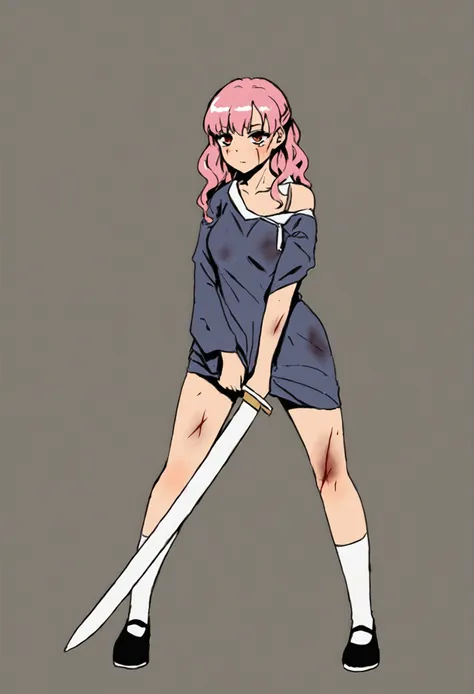 a cold girl with red eyes and pink hair without feelings and a murderous look in anime mode with a sword, with the wounded body