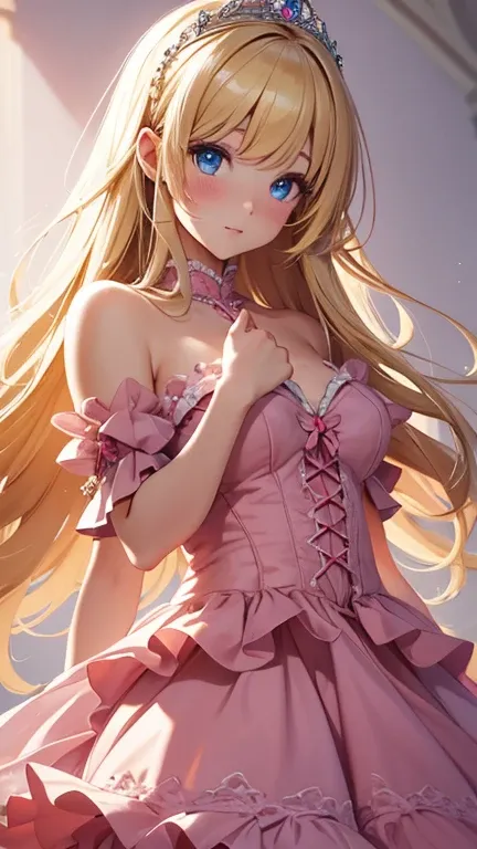 best quality, super fine, 16k, incredibly absurdres, extremely detailed, beautiful cute woman, shy, big shining eyes, blonde two-sided princess hairstyle, and a princess-like pink frilly long flared skirt dress, simple color background