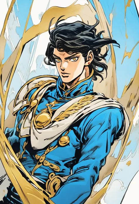 Steel ball run art style, 1 man, blueish black hair, golden eyes, blue t-shirt, cowboy style clothes