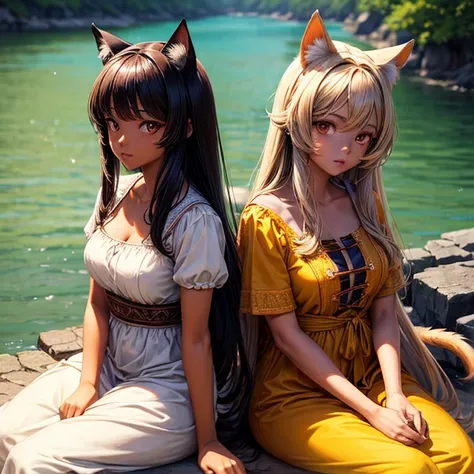 Anime Characters Brazilian Native Women, Beige dress, Brown Skin, Long hair with bangs, Sitting by the river, masterpiece, Best Quality, Detailed skin, Detailed eyes, Orange eyes,8k, Good shading, Beautiful strokes, Detailed Background, good anatomy  　Cat ...