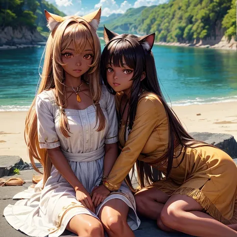 Anime Characters Brazilian Native Women, Beige dress, Brown Skin, Long hair with bangs, Sitting by the river, masterpiece, Best Quality, Detailed skin, Detailed eyes, Orange eyes,8k, Good shading, Beautiful strokes, Detailed Background, good anatomy  　Cat ...