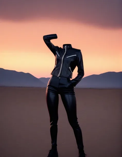 "Generate a surreal, artistic image of a headless figure wearing a sleek, black leather jacket "long sleeves"and matching pants. The background features a dramatic cloudy sky with sunset hues over a distant mountain range. The figure is posed confidently, ...