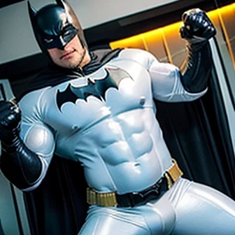 Only in costume Batman, Packed muscles, Orgasm reaction, bulge extreme big, Only in LaTeX costume, Huge bicep, Full erection Covered in LaTeX, close to view tight full costume, veiny muscles, huge deltoid and beefy bicep, most muscular build spreading legs...