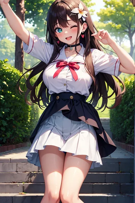 A beautiful girl in the park jumping with excitement, anime girl, leafy trees, sunny day, white polo, short gray skirt, circle skirt, white socks down to below the knee, sneakers, skirt lift, panties, big rounds breasts, dark brown hair, long bangs, french...