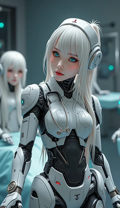 (32K:1.9, Cyber Expressions:1.9, Best Quality, masterpiece, Ultra-high resolution), Perfect dynamic composition:1.3, Detailed skin and face textures:1.3, (Futuristic Hospital, Lots of futuristic medical equipment:1.3, The moonlight of Cyber City illuminate...