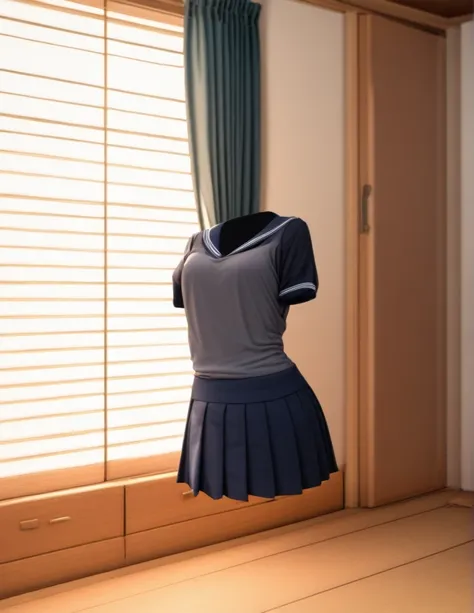 "an empty school sailor uniform floating in a traditional japanese living room. the uniform consists of a gray sweater and a nav...