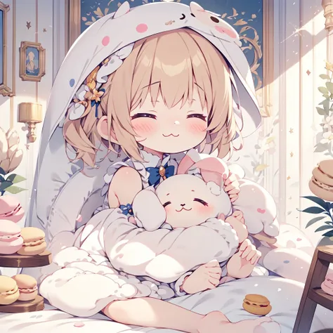 One Girl, Chibi、cute、Chibi、色とりどりの重なったMacaroonsクッションの間にねむっているChibi女の子、Small stuffed rabbit, Costumes, albino, Close your eyes, :3, Sleeping Peace, Marshmallow Bed、Heartwarming、yurukawa、kind、Fluffy、Macaroons、Pastel colors、Heartwarming、Too cute