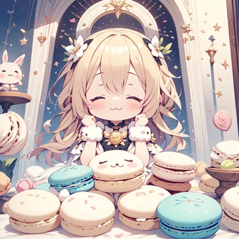 One Girl, Chibi、cute、Chibi、色とりどりの重なったMacaroonsクッションの間にねむっているChibi女の子、Small stuffed rabbit, Costumes, albino, Close your eyes, :3, Sleeping Peace, Marshmallow Bed、Heartwarming、yurukawa、kind、Fluffy、Macaroons、Pastel colors、Heartwarming、Too cute