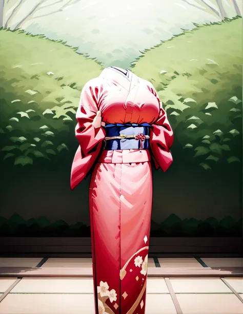 "A beautiful scene of a traditional Japanese kimono displayed in a serene garden with lush greenery and well-maintained bushes. The kimono is light-colored with soft floral patterns, very big boob,a wide orange obi belt, and flowing sleeves. The background...