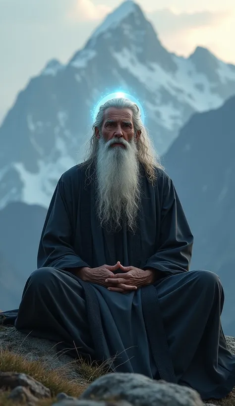 Dressed in a sage’s attire with flowing robes in shades of black.

Sitting in a meditative pose with a serene expression, a staff in hand.

Long beard and a glowing aura around his head, symbolizing wisdom and power.

The background shows the majestic Kail...