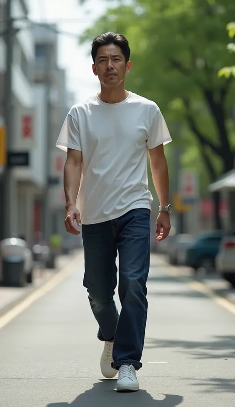 One wearing casual clothes and sneakers.A handsome 50-year-old middle-aged Japanese man with a height of 180 cm.Because he has a full head of black hair.So he looks younger than his actual age.