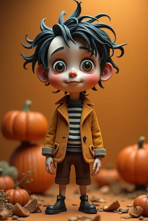 A vintage ((boy)),(estilo de Oskar Kokoschka:1.2),(Arte expressionista abstrata:1.2)3D girl cartoon, Tim Burton style, ((outfit BEETLEJUICE style))light art, calm, calming character, full body, drone shot,attractive face, pumpkins color art background,1 bo...