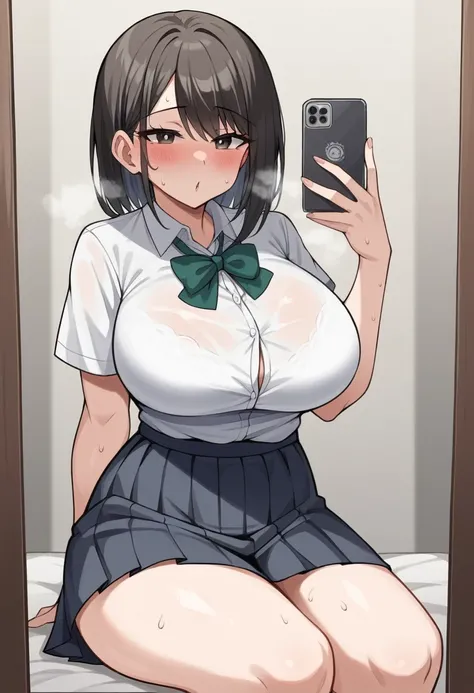 Nice face,Adult,Coquettish,Mature,,grace,Nice face,,Coquettish,,,grace,score_9, score_8_superior, score_7_superior,, One person, One person, girl(school girl uniform, , shirts,  skirt,  black chignon hair, big breasts,, thighs, mirror selfie, holding phone...