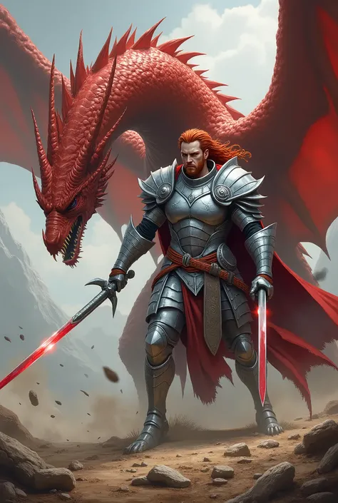 man, light skin, light eyes, angry look, Red goatee, braided red hair, wearing full silver armor with scale aesthetics with red details, wearing silver boots, therefore two long swords with translucent crimson blades, slaying a great red dragon beside him,...