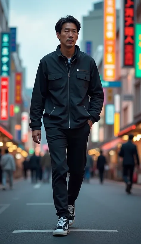 ((A handsome middle-aged Japanese man)) He was walking on the streets of Roppongi, Tokyo wearing trendy casual clothes and sneakers.. He is 50 years old and 180 cm tall.Because he has a full head of black hair.So he looks younger than his actual age.